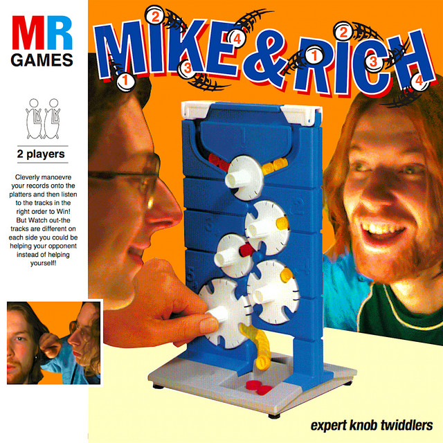 Expert Knob Twiddlers β Mike & Rich (1996). The collaborative LP between Richard D. James and Mike Paradinas. The cover is two people playing Connect Four. The music sounds exactly like that.